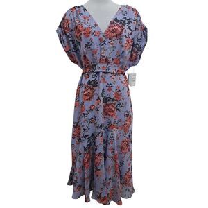 Chelsea 28 Floral Print Boho Chic Faux Wrap V Neck Multi Purple Dress Large NWT